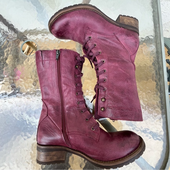 Bueno Casey Burgundy Leather Moto Combat Tall Lace Up Side Zip Boots - Picture 5 of 16